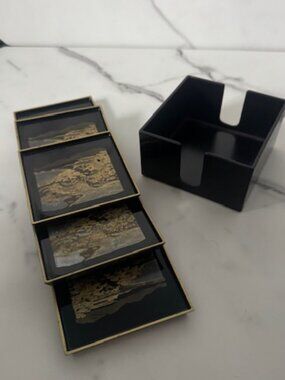 Otagiri Coasters-6 in holder (Black with Nature Scene)